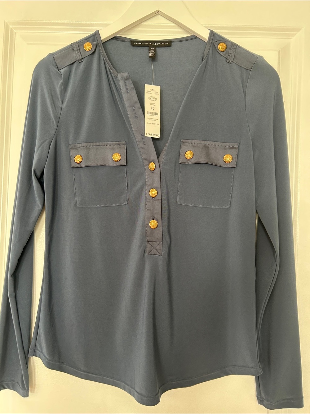 White House Black Market Dusty Blue Long-Sleeve Button Shirt with Gold Buttons